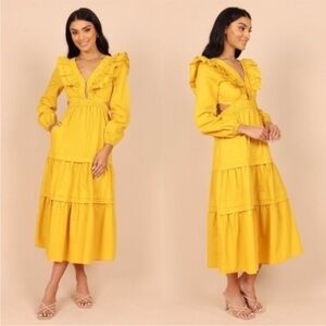 Petal & Pup Mariga Long Sleeve Frill Shoulder Midi Dress in Marigold Size S